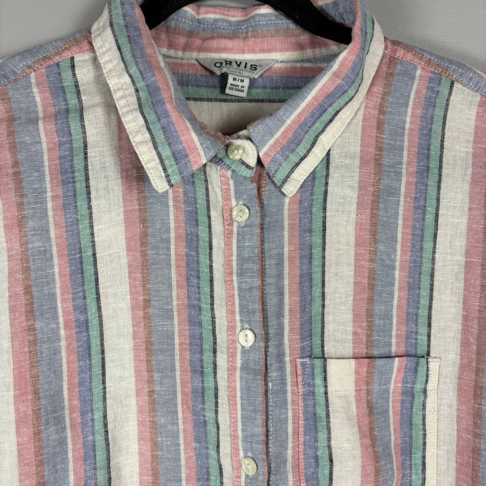 Orvis Women's Medium Multicolor Striped Linen Blend Button Front Casual Blouse
